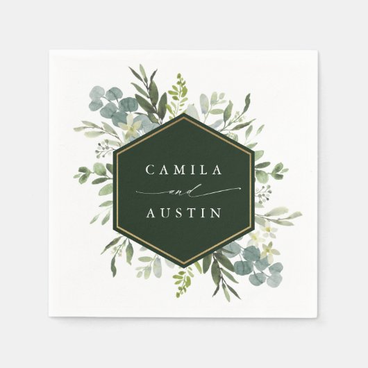 水彩緑の金ゴールド結婚六角ナプキン スタンダードカクテルナプキン (正面)