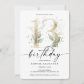 水彩緑の金ゴールド13th誕生日パーティー 招待状 (正面)