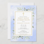 水彩緑の青の最初の聖餐式 招待状 (正面)