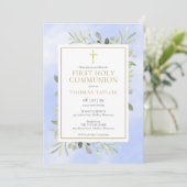 水彩緑の青の最初の聖餐式 招待状 (スタンド正面)
