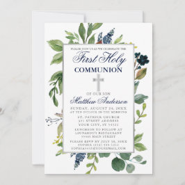 水彩緑の青の最初の聖餐式 招待状
