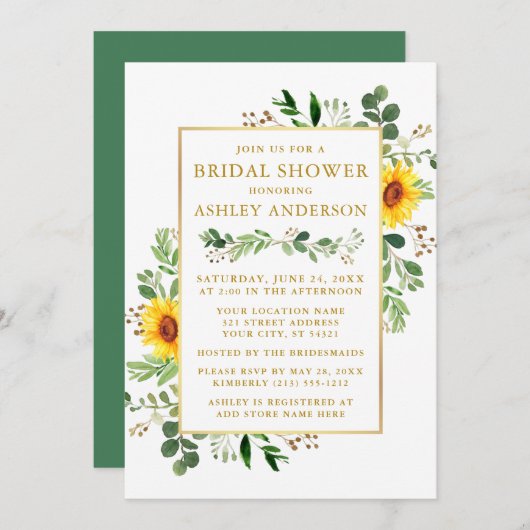 水彩緑ひまわりブライダルシャワー金ゴールド 招待状 (正面/裏面)