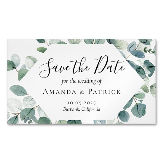 水彩緑エレガントな結婚式の日付を保存 マグネット名刺 (正面)