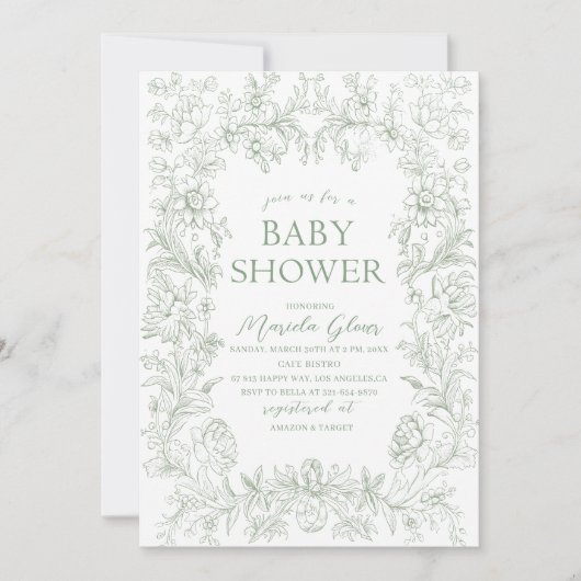 水彩緑エレガントフローラベビー 招待状 (正面)