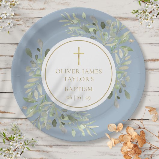水彩緑バプテスマ《キリスト教》洗礼式や命名式ブルー ペーパープレート