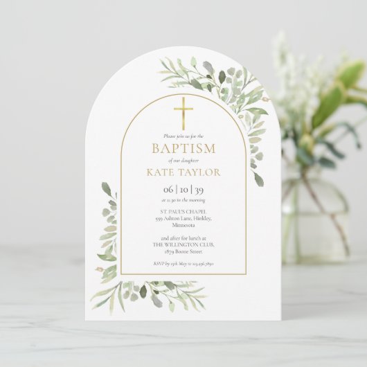 水彩緑バプテスマ《キリスト教》洗礼式や命名式金ゴールドアーチ 招待状 (スタンド正面)