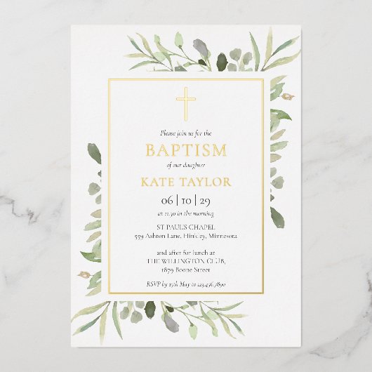 水彩緑バプテスマ《キリスト教》洗礼式や命名式金ゴールド 箔招待状 (正面)