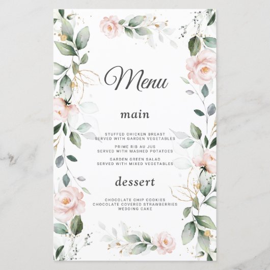 水彩緑ピンクの花の金ゴールド結婚のメニュー (正面)