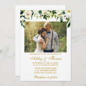 水彩緑フローラ写真結婚の金ゴールド 招待状 (正面/裏面)