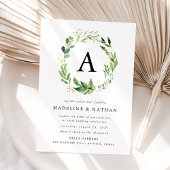 水彩緑リースモノグラム結婚ズ 招待状