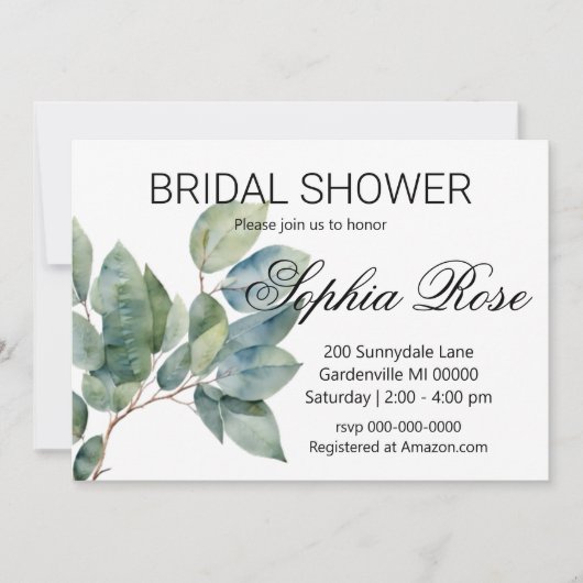 水彩緑化エレガントブライダルシャワー 招待状 (正面)