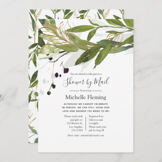 水彩緑化ブライダルまたはベビーシャワー（郵便） 招待状 (正面/裏面)