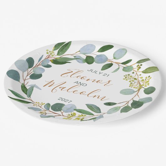 水彩緑化リースユーカリ結婚ス ペーパープレート (アングル)