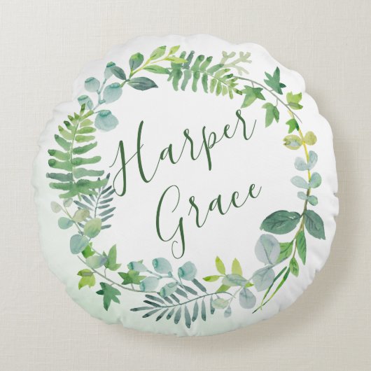 水彩緑化リース パーソナライズされた ラウンドクッション (正面)