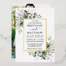 水彩緑化写真結婚の金ゴールド 箔招待状