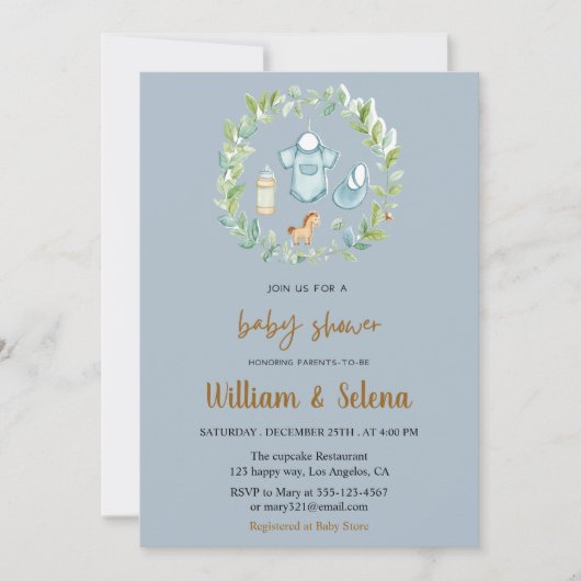 水彩緑化男の赤ちゃんシャワー招待状 招待状 (正面)