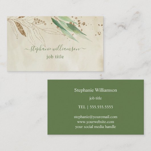 水彩緑地および金ゴールド名刺 名刺 (正面/裏面)