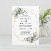水彩緑地フレームほこりっぽい青結婚色 招待状 (スタンド正面)