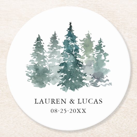 水彩緑松トウヒ林結婚林 ラウンドペーパーコースター (正面)