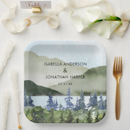 水彩緑林マウンテンアウトドア結婚ーズ ペーパープレート