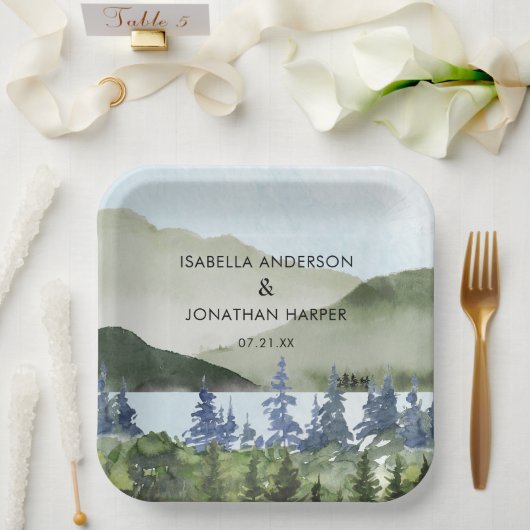 水彩緑林マウンテンアウトドア結婚ーズ ペーパープレート (ウェディング)
