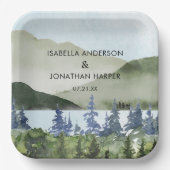 水彩緑林マウンテンアウトドア結婚ーズ ペーパープレート (正面)