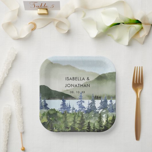 水彩緑林マウンテンアウトドア結婚ーズ ペーパープレート (ウェディング)