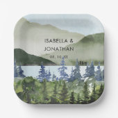 水彩緑林マウンテンアウトドア結婚ーズ ペーパープレート (正面)