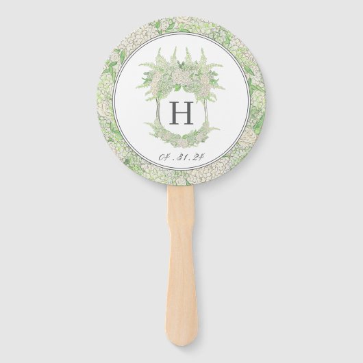 水彩緑白あじさい結婚の紋 ハンドファン (正面)