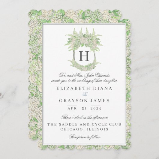 水彩緑白あじさい結婚の紋 招待状 (正面/裏面)