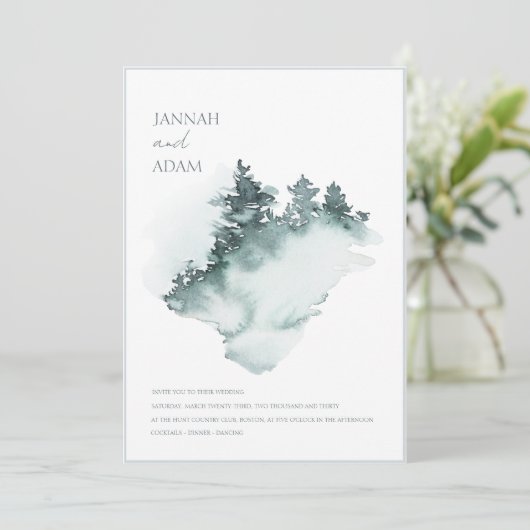 水彩緑白木林松結婚林 招待状 (スタンド正面)