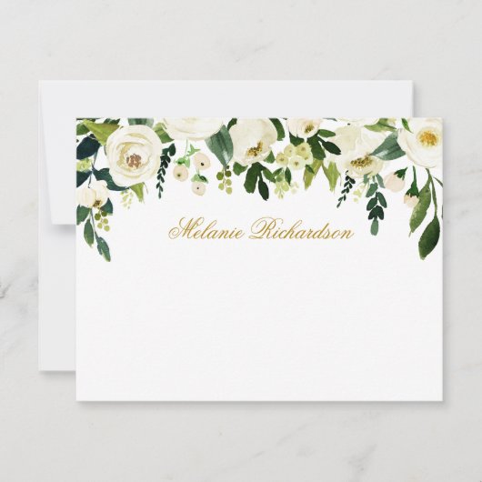 水彩緑白色フローラパーソナライズされた金ゴールド ノートカード (正面)