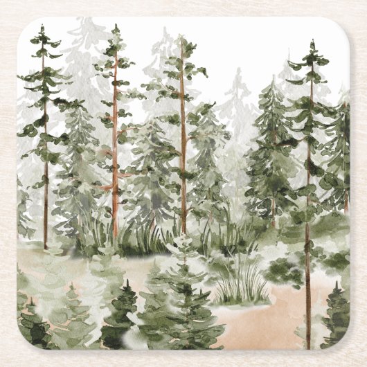 水彩緑素朴林 スクエアペーパーコースター (正面)