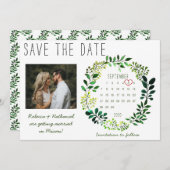 水彩緑素朴色のカ結婚レンダーハート セーブザデート (正面/裏面)