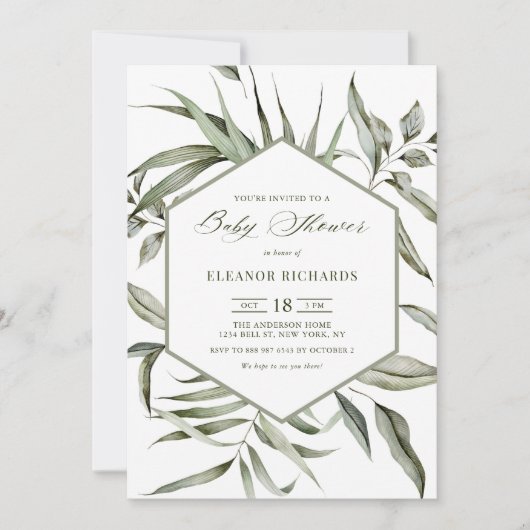 水彩緑素朴草フレーム赤ちゃんシャワー 招待状 (正面)
