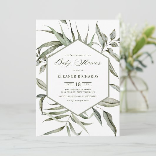 水彩緑素朴草フレーム赤ちゃんシャワー 招待状 (スタンド正面)