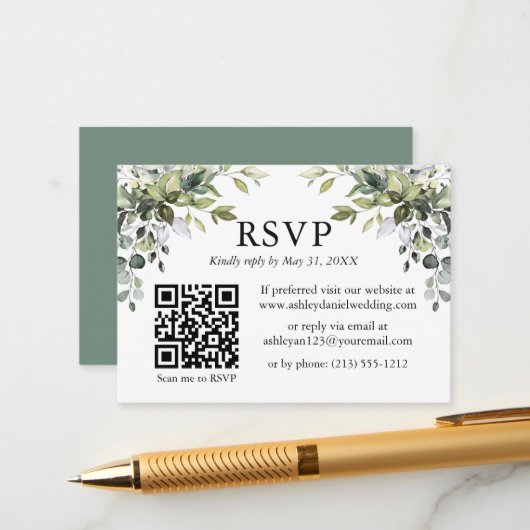 水彩緑結婚樹のSage Green RSVP QR エンクロージャーカード (正面/裏面インサイチュ)