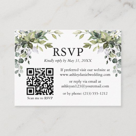 水彩緑結婚樹のSage Green RSVP QR エンクロージャーカード (正面)