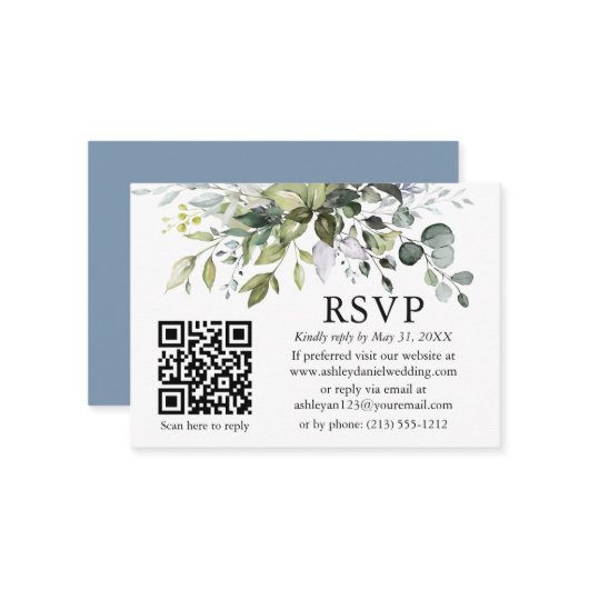 水彩緑結婚色のQR RSVPダスティブルー エンクロージャーカード (正面/裏面インサイチュ)
