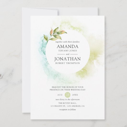 水彩緑結婚色 招待状 (正面)