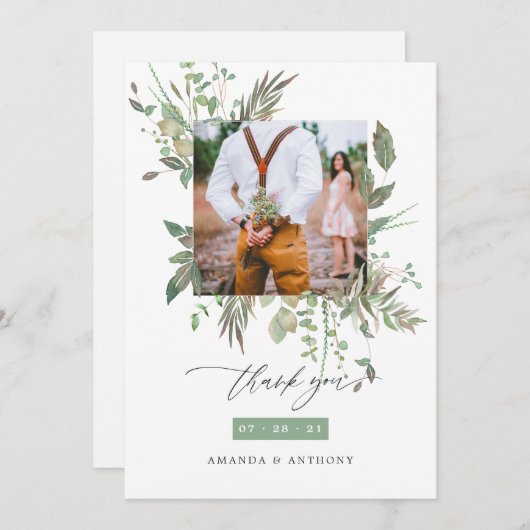 水彩緑結婚草のコラージュ サンキューカード (正面/裏面)