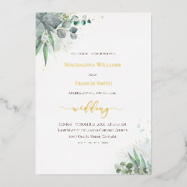 水彩緑結婚草の箔招待状 箔招待状