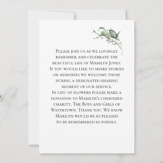 水彩緑色写真お祝い・オブ・ライフ 招待状 (裏面)