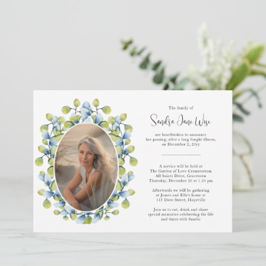 水彩緑色写真死亡告示及び葬儀 招待状 (スタンド正面)