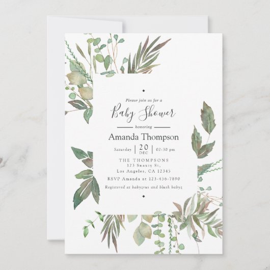 水彩緑色幾何学赤ちゃんシャワー 招待状 (正面)