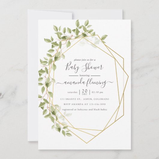水彩緑色幾何学赤ちゃんシャワー 招待状 (正面)