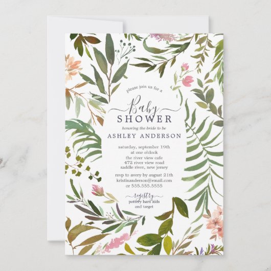 水彩緑色枠植物性ベビーシャワー 招待状 (正面)