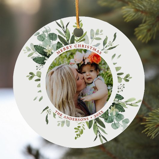 水彩緑色植物体2フォトクリスマス セラミックオーナメント