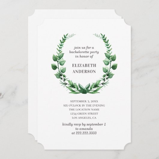 水彩緑色植物性バチェロレッテ 招待状 (正面/裏面)