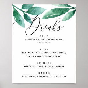 水彩緑色植物結婚飲料バー ポスター